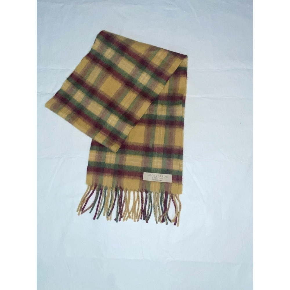 Lochcarron Of Scotland 100% Cashmere Scarf Olive Green Tan Plaid Fringe